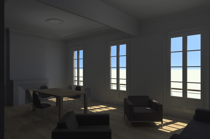 R�novation d'un 3 fen�tres marseillais : Salon/salle � manger: image de synth�se